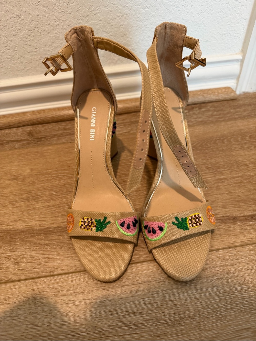 Gianni Bini Tan Embroidered Fruit Ankle‑Strap Heels